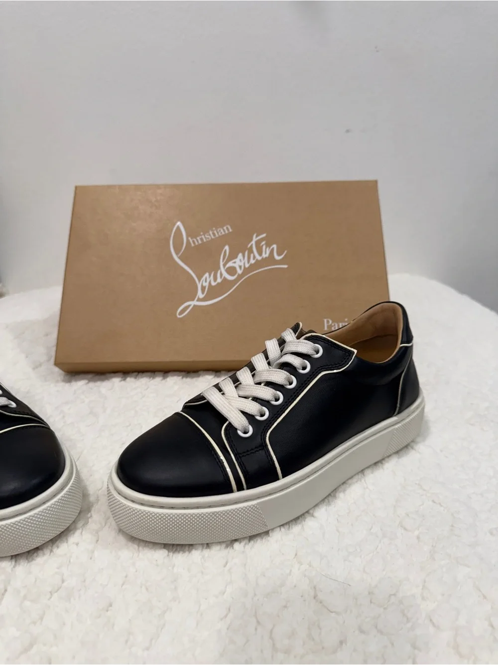 Women’s Christian Louboutin Black and White Low-Top Sneakers with Red Sole